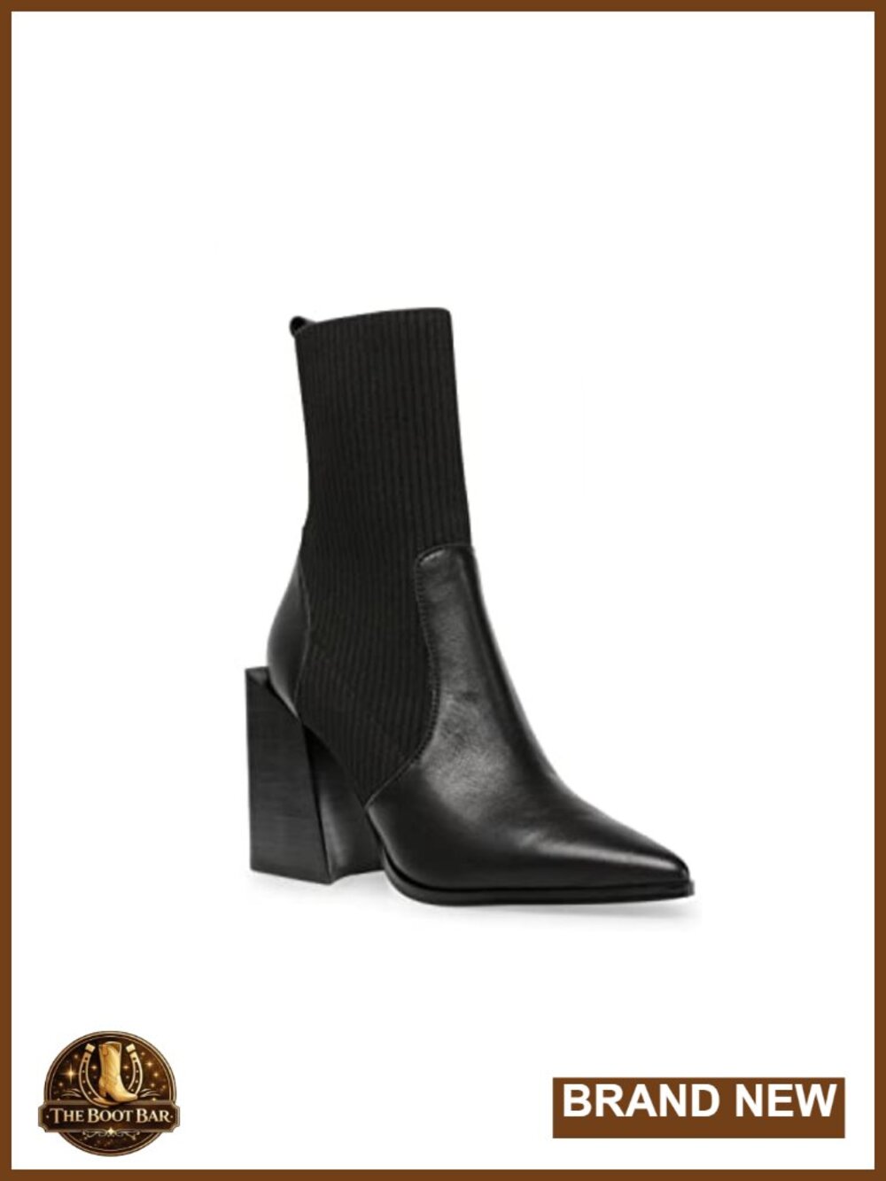Women's Chunky Heeled Ankle Booties Pointed Toe Slip On Faux Leather Knit Sock